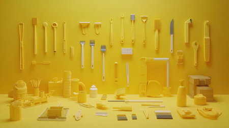 A vibrant and artistic layout featuring an array of kitchen tools and household items, all in cheerful yellow, against a matching background, showcasing creativity.の素材