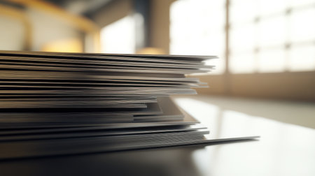 A close-up view of a stack of papers on a table captures the essence of a modern office environment, showcasing organization and simplicity in a bright space.の素材