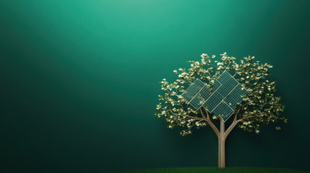 This innovative artwork features a tree adorned with solar panels, symbolizing the intersection of nature and technology, and promoting renewable energy solutions.の素材