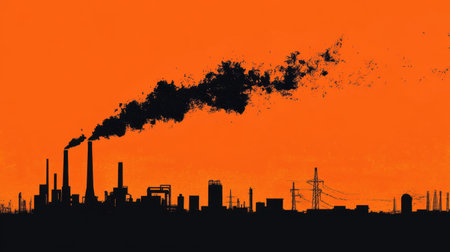 Captivating silhouette of an industrial landscape at dusk, showcasing smoke emerging from chimneys against a vibrant orange sky, symbolizing pollution.の素材