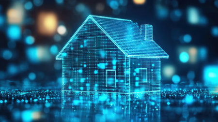 This captivating digital representation of a house features vibrant neon lights and a bokeh background, blending technology and real estate themes.の素材