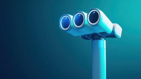 This image features a futuristic surveillance camera with a unique triple lens design, set against a striking gradient background, showcasing advanced technology.の素材