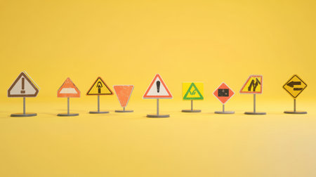 A collection of colorful warning signs and construction indicators stands on a vivid yellow background, emphasizing safety awareness in various environments.の素材