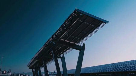 This image features a striking solar energy structure, emphasizing modern architecture against a serene blue sky, showcasing sustainability and innovation.の素材