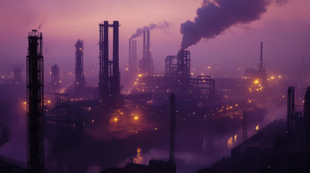 A striking industrial landscape captures the silhouette of factories emitting smoke at dusk. The hazy atmosphere blends lights and shadows, creating a mysterious and powerful scene.の素材