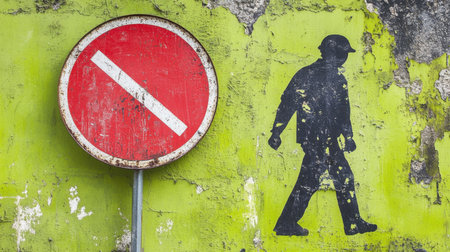 Captivating urban scene featuring a vibrant green wall adorned with a weathered no entry sign and a shadow figure, creating a striking street art display.の素材