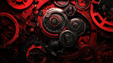 This image showcases an intricate arrangement of gears and cogs in dark and red tones, creating a striking abstract representation of mechanical technology.の素材