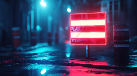 A striking neon traffic barrier stands in a wet urban setting, illuminated by vibrant blue and red lights, creating an atmospheric night scene with reflections.の素材