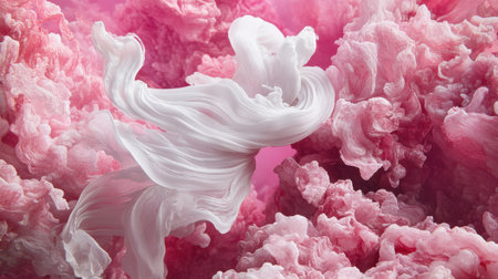 This captivating abstract image features swirling pink and white textures that create an ethereal atmosphere. The delicate forms offer a sense of movement and tranquility, ideal for creative projects.の素材