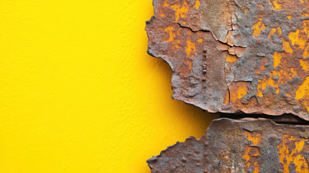 A close-up view of textured rusty metal juxtaposed with a vibrant yellow wall. The image showcases cracks, flaking paint, and unique patterns, ideal for design projects.の素材