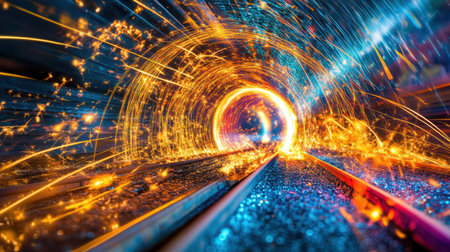 A captivating abstract image showcasing vibrant sparks and light trails creating a dynamic spiral illusion within a dark tunnel. A perfect representation of energy and movement.の素材