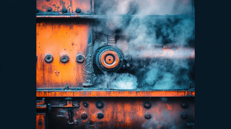 This image captures a striking close-up of an industrial machine component, showcasing rich orange tones alongside wisps of steam against a gritty metal backdrop.の素材