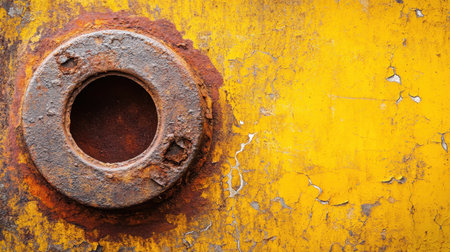 This close-up image showcases a rusty circular metal object set against a backdrop of peeling yellow paint. The vivid color and rough texture evoke a sense of decay and industrial charm, perfect for adding character to various design projects.の素材