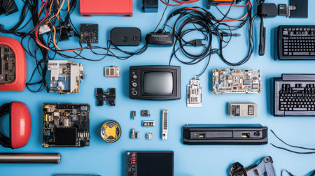 This image showcases a flat lay arrangement of various electronic components, vintage devices, and modern cables on a vibrant blue background, highlighting technology.の素材