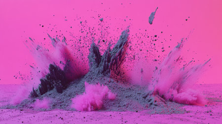 This striking image captures a colorful explosion of dust and particles, showcasing vibrant magenta tones against a textured surface. The dynamic motion conveys energy and creativity, making it ideal for artistic or conceptual projects.の素材