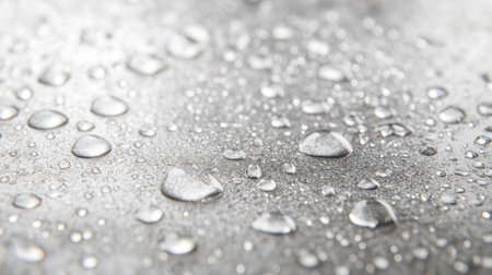 This macro image features water droplets on a reflective silver surface, capturing the beauty of condensation. The intricate textures and patterns highlight the natural dance of liquid on a shiny backdrop.の素材