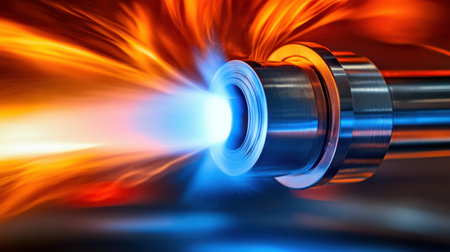 This image captures a high-intensity flame emission from an industrial torch, showcasing a stunning display of vivid color and dynamic motion.の素材