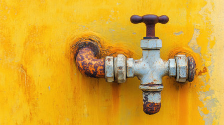 This image features an old rusty water valve against a bright yellow background, showcasing industrial charm with grunge texture and intricate details.の素材