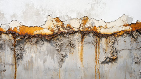 This image features a close-up view of a textured wall showcasing flaking paint and rusty stains, beautifully illustrating decay and urban aesthetics.の素材