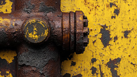 This image features a close-up view of a rusty industrial pipe fitting against a vibrant yellow surface with distinct flaking paint. Ideal for themes of decay.の素材