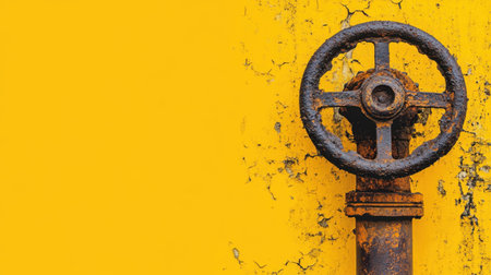 A closeup image featuring a rusty industrial valve wheel against a vibrant yellow background, showcasing the beauty of textures and decay in urban environments.の素材