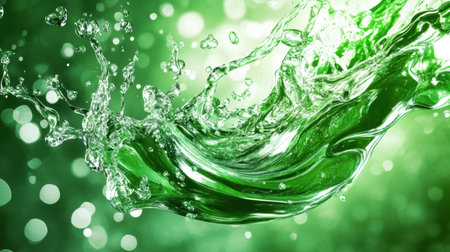A lively splash of green water captures the essence of freshness and vitality. Light reflections create a captivating bokeh effect, enhancing the dynamic motion.の素材