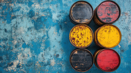 A striking arrangement of colorful vintage wooden barrels sits on a textured blue background, perfect for creative design projects or artistic inspiration.の素材