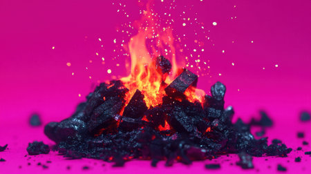 Captivating image of colorful flames rising from charcoal with a striking pink background. Ideal for themes of energy, warmth, and creativity.の素材