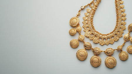 This image showcases stunning gold jewelry with intricate designs, perfectly highlighting elegance and luxury against a soft gray background. Ideal for fashion and accessory themes.の素材