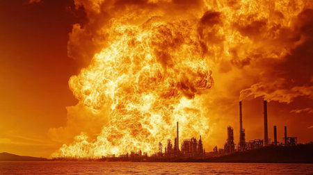 A striking image of a massive explosion erupting from an industrial facility, casting brilliant orange and yellow flames against a dusky sky.の素材