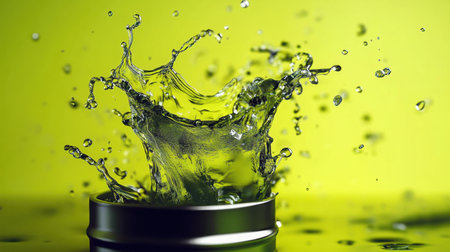 This striking image captures a splash of water emanating from a silver container against a bold yellow backdrop. The dynamic motion showcases the beauty of liquid in action, highlighting vibrant colors and intricate details.の素材