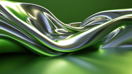 This image features a stunning metallic texture in fluid forms, set against a vibrant green background, emphasizing reflections and light play.の素材