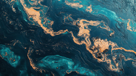 Stunning abstract representation of oceanic colors and textures with swirling patterns of turquoise and gold, evoking calmness and creativity.の素材