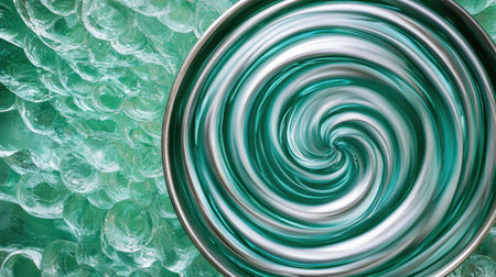 This artistic image showcases swirling ocean green paint within a round tin, surrounded by a textured bubble background, evoking creativity and fluidity.の素材