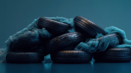 A visually striking arrangement of black tires exuding blue smoke, perfect for automotive themes, vehicle maintenance concepts, or creative backgrounds.の素材