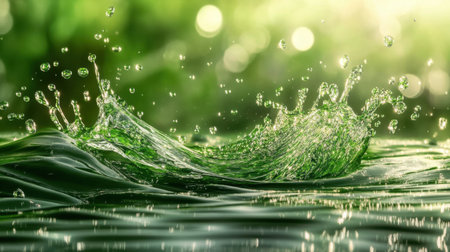 A stunning close-up of water splashing against a green backdrop, showcasing droplets that capture sunlight, creating a serene and refreshing scene in nature.の素材
