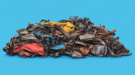 A vibrant pile of scrap metal and worn rubber materials rests against a bright blue background, showcasing an abstract composition perfect for environmental themes.の素材