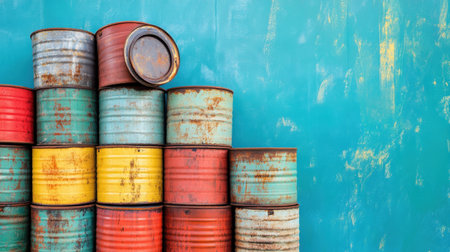 A vibrant arrangement of colorful metal drums stacked against a bright turquoise wall, showcasing rust details and unique textures for an industrial aesthetic.の素材