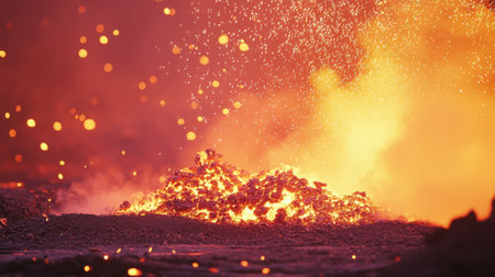 A vibrant display of lava erupting from a volcanic site, showcasing glowing embers and sparks against an intense orange background, capturing nature's power.の素材