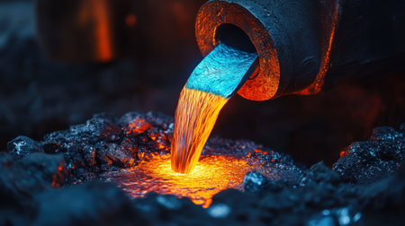 This image captures the vibrant flow of molten metal pouring from a furnace, showcasing the intricate process involved in industrial metalworking.の素材