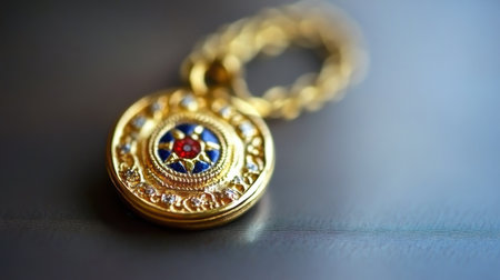 This image features an elegant golden pendant with a colorful gemstone, showcasing intricate design and craftsmanship in a close-up view. Perfect for jewelry lovers.の素材