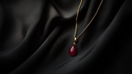A stunning red gemstone pendant hangs gracefully from a delicate gold chain, set against rich black fabric, creating an elegant and luxurious appearance.の素材