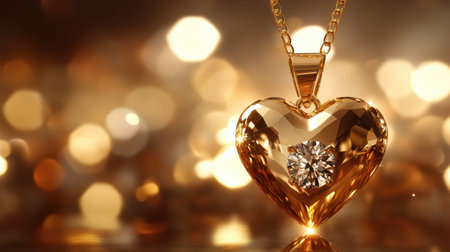 This stunning golden heart pendant features a sparkling diamond centerpiece, perfectly set against a dreamy bokeh backdrop, embodying romance and elegance.の素材