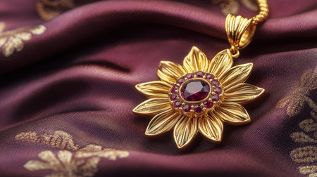 This exquisite gold pendant shaped like a sunflower features a captivating red gemstone in the center, set against luxurious purple silk, showcasing elegance and beauty.の素材