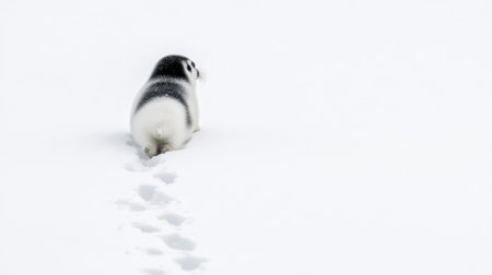 A charming baby seal makes its way across a pristine snowy expanse, leaving tiny paw prints in the snow and embodying the beauty of Arctic wildlife.の素材