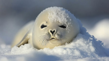 This charming image captures a cute seal pup resting peacefully on a snowy surface. Its gentle expression and fluffy white fur evoke feelings of warmth and tranquility in a cold winter habitat.の素材