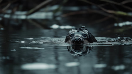 This captivating close-up photo features a seal curiously swimming in tranquil, dark waters, beautifully reflecting its features and surroundings.の素材