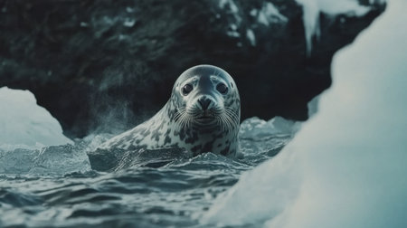 A captivating image of a curious seal swimming gracefully in icy waters, surrounded by majestic icebergs. The scene captures the essence of marine wildlife in a chilly environment, highlighting the seal's inquisitive nature amidst the serene beauty of its habitat.の素材