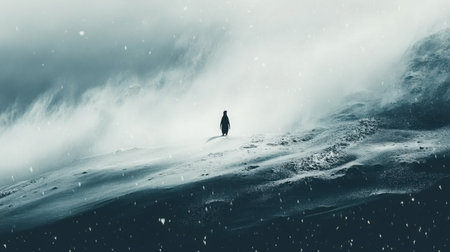 A dramatic scene capturing the isolation of a single figure against a powerful storm, highlighting the stark contrast between the raging elements and the serene solitude.の素材