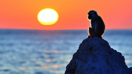 A lone monkey sits on a rock, silhouetted against a stunning sunset over the ocean. This serene image captures the tranquility and beauty of nature.の素材